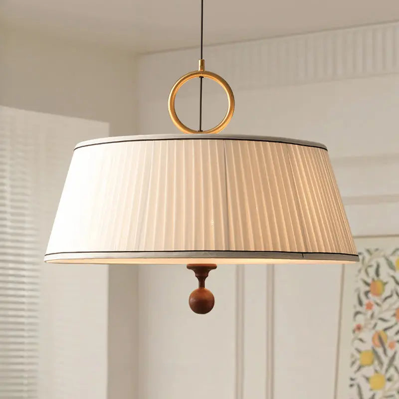 Traditional Vintage Fabric Wood Metal Pleated Round 1-light Chandelier for Bedroom & Living Room Lumendat