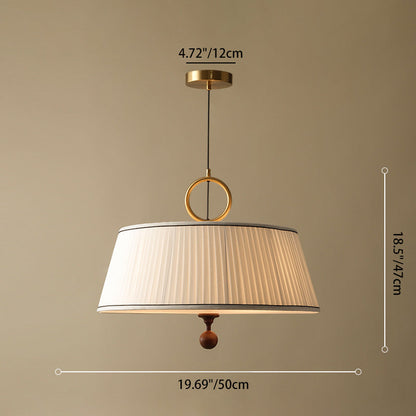 Traditional Vintage Fabric Wood Metal Pleated Round 1-light Chandelier for Bedroom & Living Room