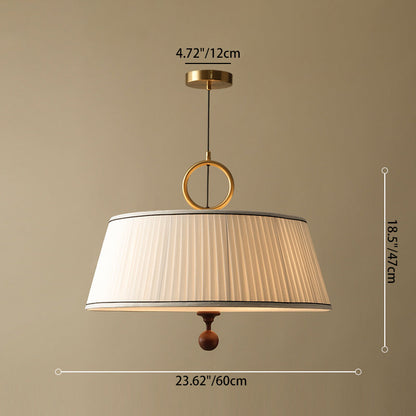 Traditional Vintage Fabric Wood Metal Pleated Round 1-light Chandelier for Bedroom & Living Room