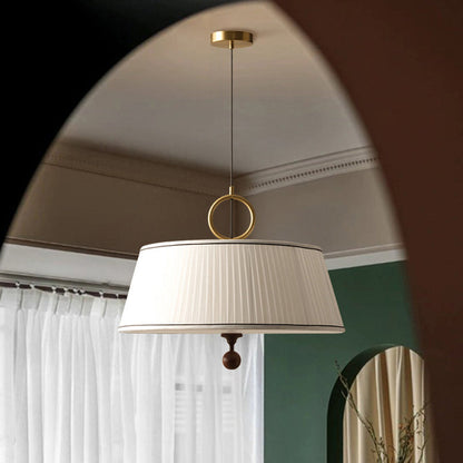 Traditional Vintage Fabric Wood Metal Pleated Round 1-light Chandelier for Bedroom & Living Room