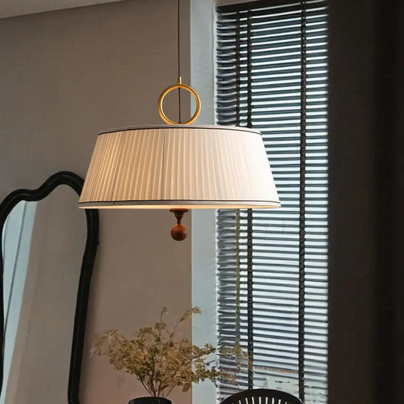 Traditional Vintage Fabric Wood Metal Pleated Round 1-light Chandelier for Bedroom & Living Room Lumendat