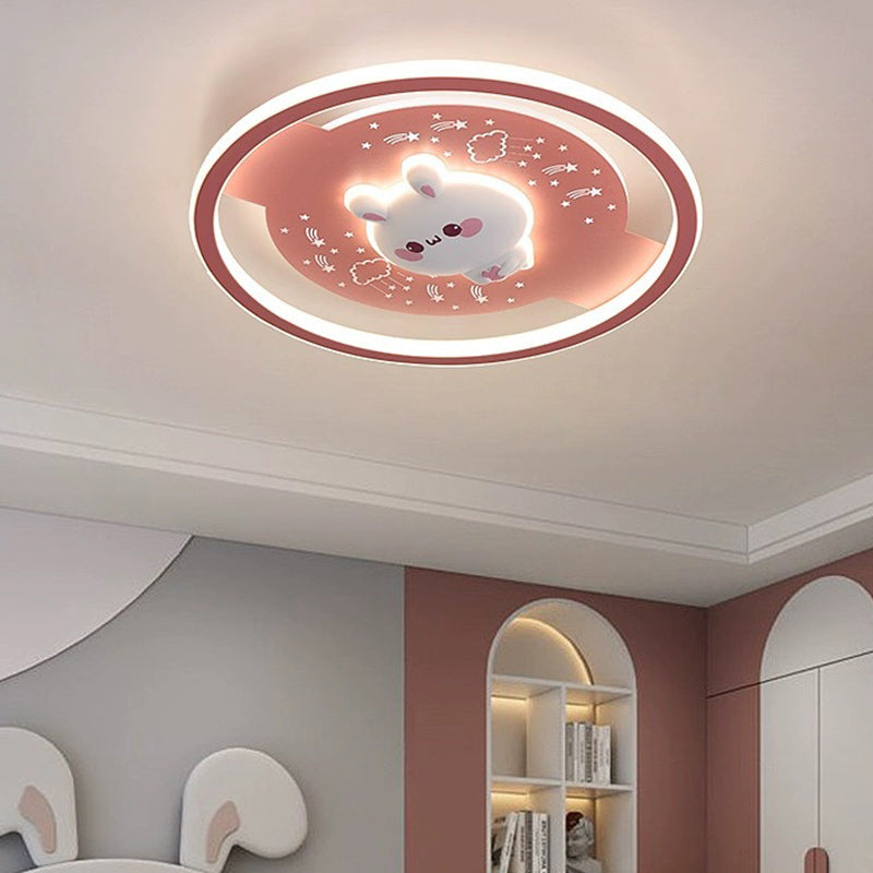 Modern Art Deco Acrylic Iron Resin Bunny Astronaut Round LED Flush Mount Ceiling Light For Bedroom & Living Room
