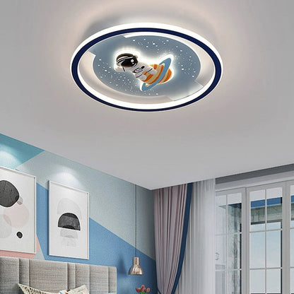 Modern Art Deco Acrylic Iron Resin Bunny Astronaut Round LED Flush Mount Ceiling Light For Bedroom & Living Room