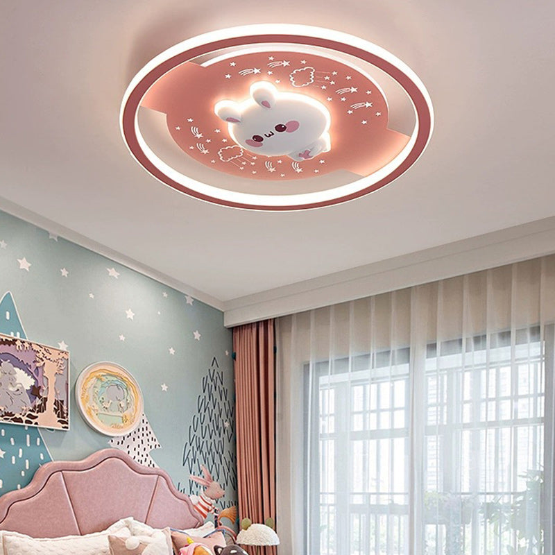 Modern Art Deco Acrylic Iron Resin Bunny Astronaut Round LED Flush Mount Ceiling Light For Bedroom & Living Room