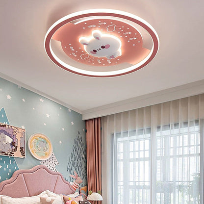 Modern Art Deco Acrylic Iron Resin Bunny Astronaut Round LED Flush Mount Ceiling Light For Bedroom & Living Room