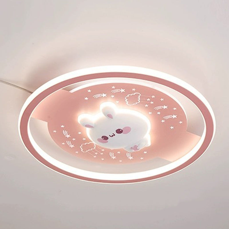 Modern Art Deco Acrylic Iron Resin Bunny Astronaut Round LED Flush Mount Ceiling Light For Bedroom & Living Room