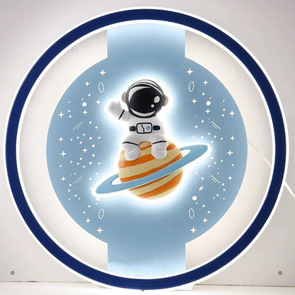 Modern Art Deco Acrylic Iron Resin Bunny Astronaut Round LED Flush Mount Ceiling Light For Bedroom & Living Room