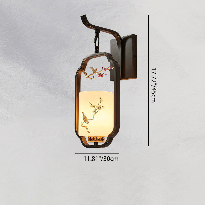 Lumendat Traditional Chinese Glass Iron Floral Bird Pattern Cylindrical 1-Light Wall Sconce Lamp For Bedroom & Living Room Lumendat