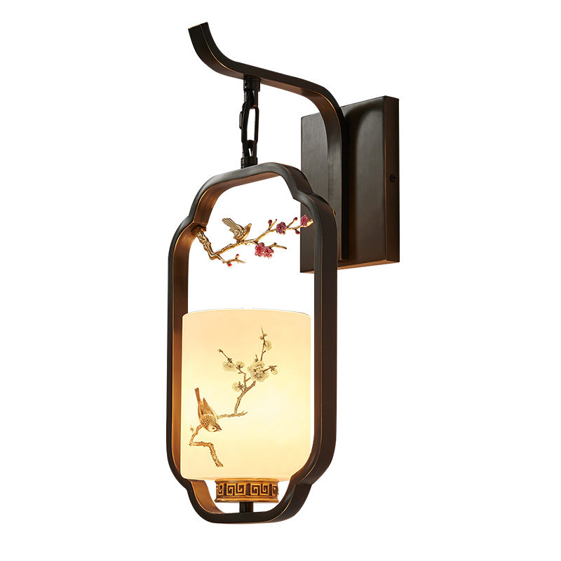 Lumendat Traditional Chinese Glass Iron Floral Bird Pattern Cylindrical 1-Light Wall Sconce Lamp For Bedroom & Living Room Lumendat