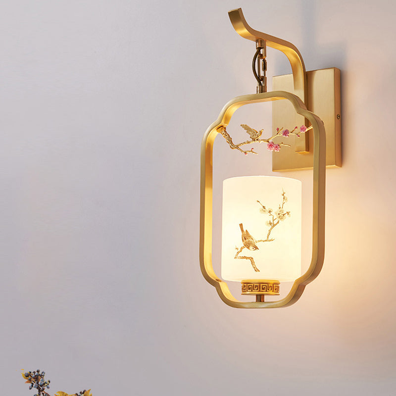 Lumendat Traditional Chinese Glass Iron Floral Bird Pattern Cylindrical 1-Light Wall Sconce Lamp For Bedroom & Living Room Lumendat