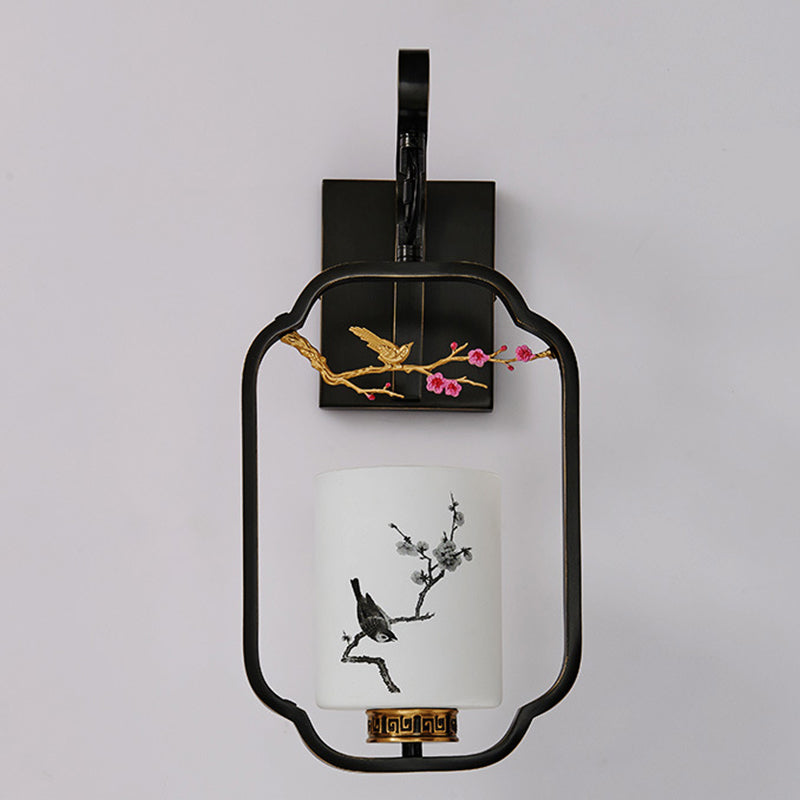 Lumendat Traditional Chinese Glass Iron Floral Bird Pattern Cylindrical 1-Light Wall Sconce Lamp For Bedroom & Living Room Lumendat