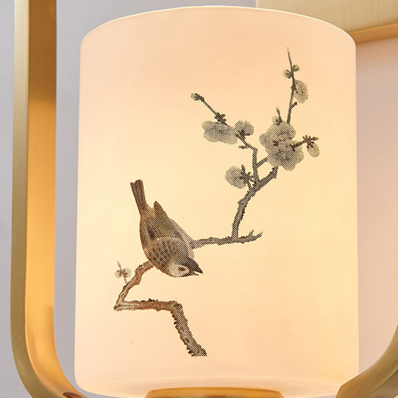 Lumendat Traditional Chinese Glass Iron Floral Bird Pattern Cylindrical 1-Light Wall Sconce Lamp For Bedroom & Living Room Lumendat