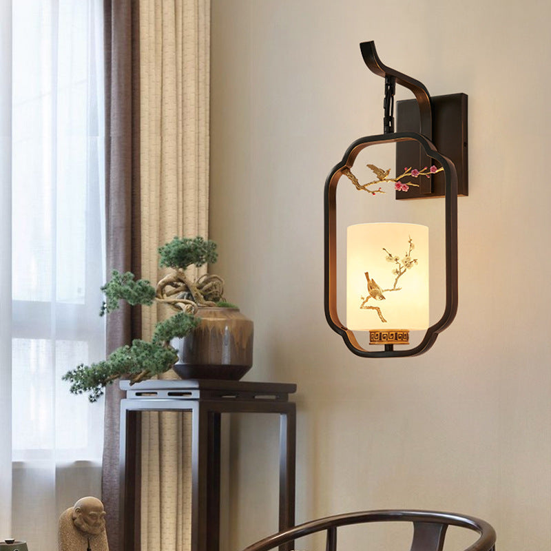Lumendat Traditional Chinese Glass Iron Floral Bird Pattern Cylindrical 1-Light Wall Sconce Lamp For Bedroom & Living Room Lumendat