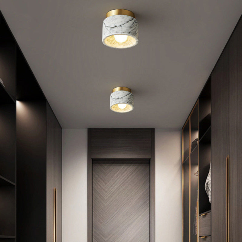 Contemporary Scandinavian Marble Metal Round Cylinder 1-Light Semi-Flush Mount Ceiling Light For Living Room Lumendat