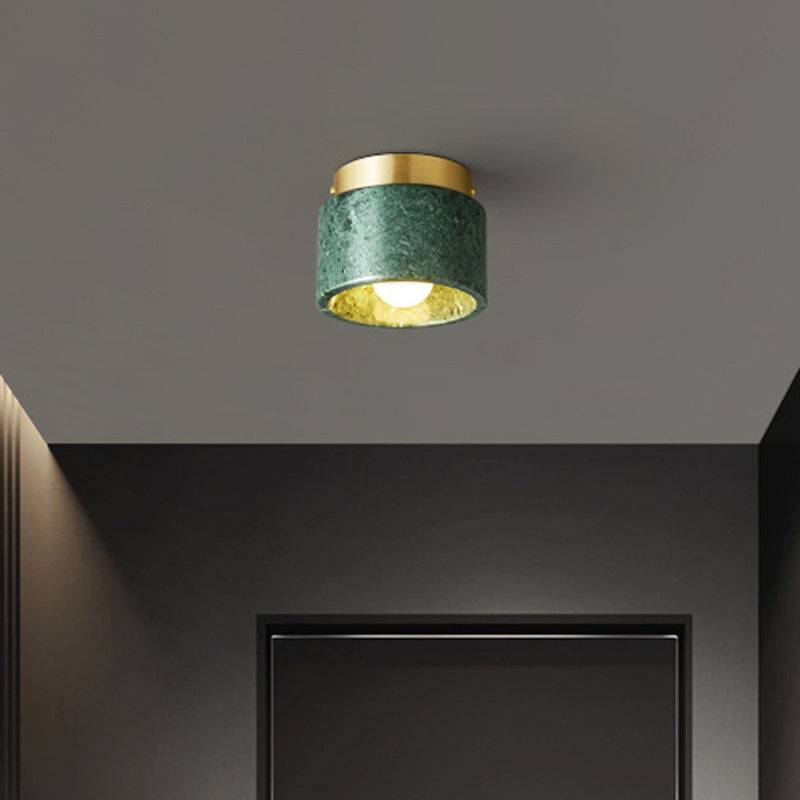 Contemporary Scandinavian Marble Metal Round Cylinder 1-Light Semi-Flush Mount Ceiling Light For Living Room Lumendat