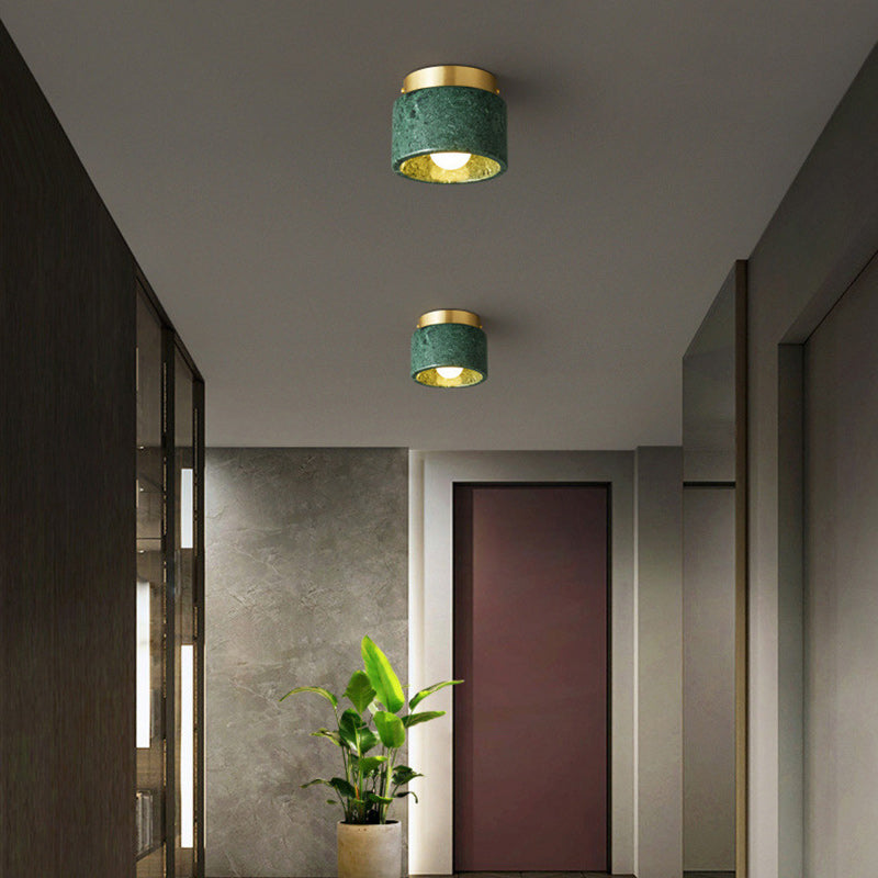 Contemporary Scandinavian Marble Metal Round Cylinder 1-Light Semi-Flush Mount Ceiling Light For Living Room Lumendat