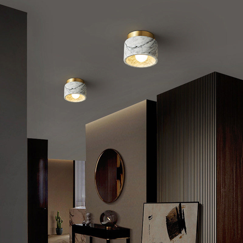 Contemporary Scandinavian Marble Metal Round Cylinder 1-Light Semi-Flush Mount Ceiling Light For Living Room Lumendat