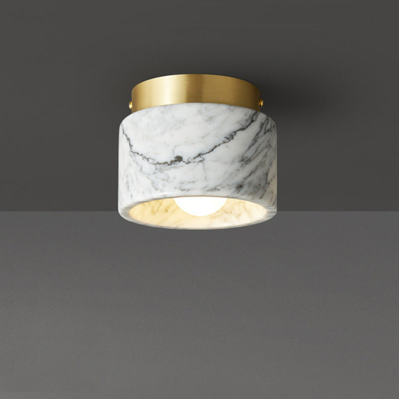 Contemporary Scandinavian Marble Metal Round Cylinder 1-Light Semi-Flush Mount Ceiling Light For Living Room Lumendat