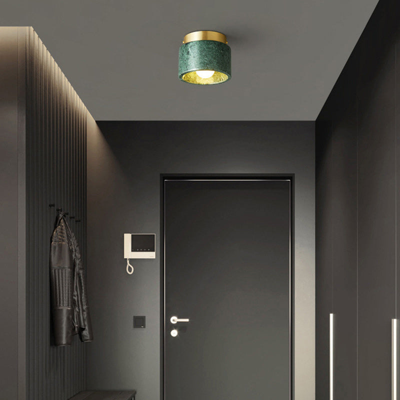 Contemporary Scandinavian Marble Metal Round Cylinder 1-Light Semi-Flush Mount Ceiling Light For Living Room Lumendat