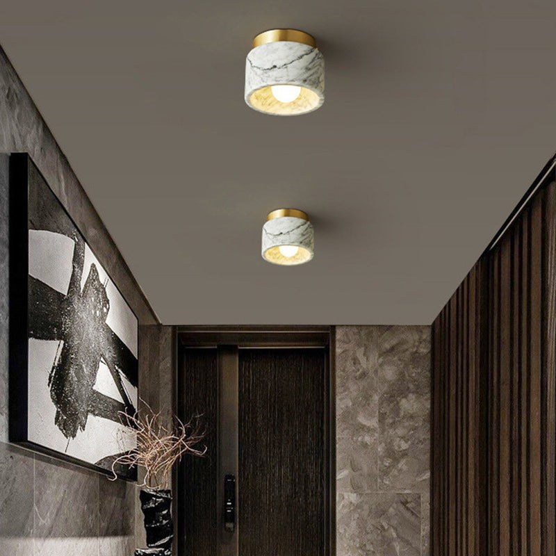 Contemporary Scandinavian Marble Metal Round Cylinder 1-Light Semi-Flush Mount Ceiling Light For Living Room Lumendat