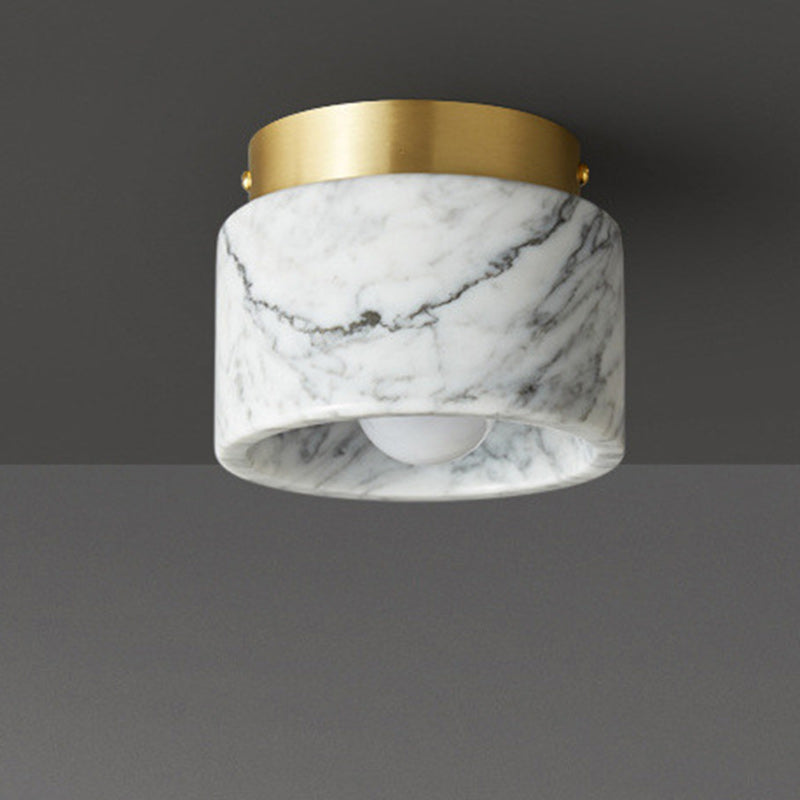 Contemporary Scandinavian Marble Metal Round Cylinder 1-Light Semi-Flush Mount Ceiling Light For Living Room Lumendat