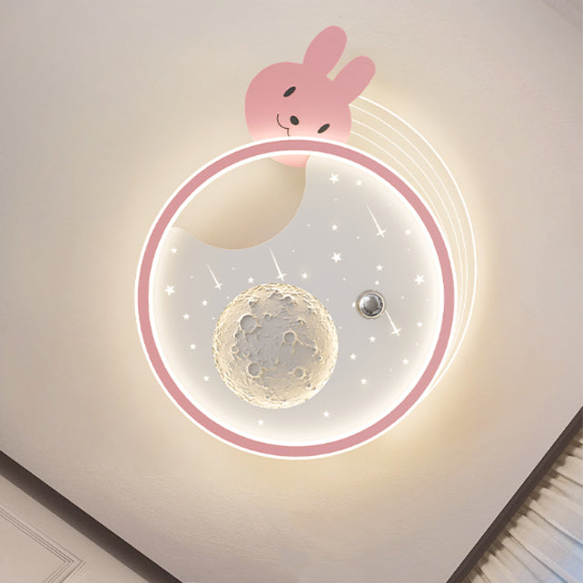 Modern Art Deco Kids Acrylic Resin Iron Bunny Panda LED Flush Mount Ceiling Light For Bedroom & Living Room