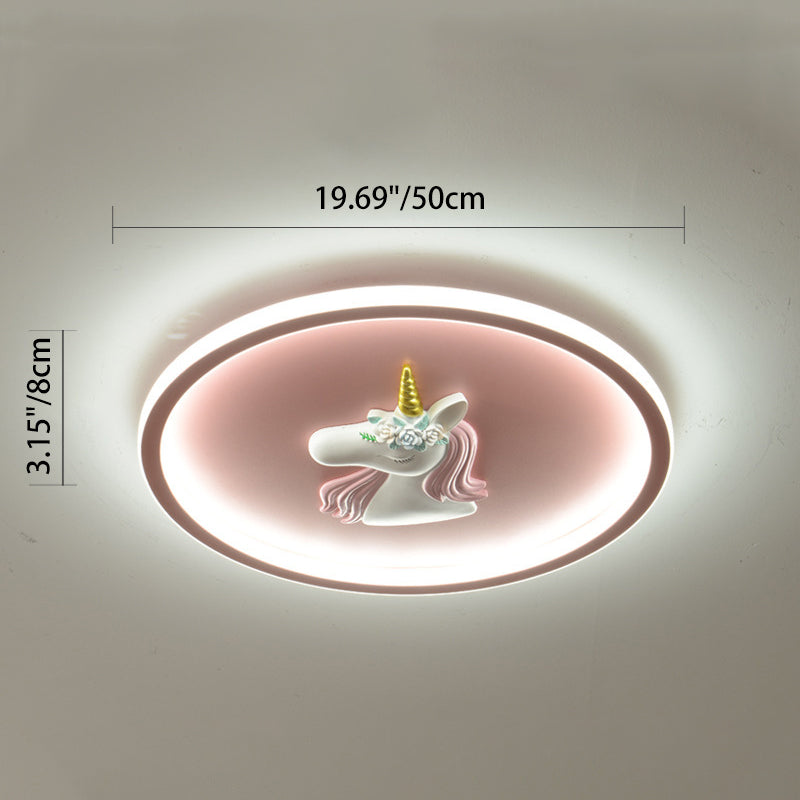 Modern Art Deco Kids Acrylic Iron Unicorn Round LED Flush Mount Ceiling Light For Bedroom & Living Room