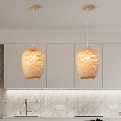 Traditional Chinese Rubberwood Bamboo Woven Round 1-Light Pendant Light For Living Room