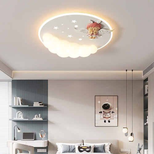 Modern Art Deco Acrylic Iron Astronaut Mermaid Angel Round LED Flush Mount Ceiling Light For Bedroom