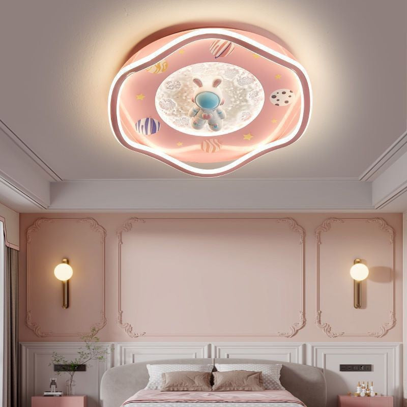Modern Art Deco Kids Silicone Resin Iron Astronaut Planet-shaped Round LED Flush Mount Ceiling Light for Bedroom