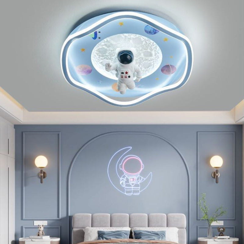 Modern Art Deco Kids Silicone Resin Iron Astronaut Planet-shaped Round LED Flush Mount Ceiling Light for Bedroom
