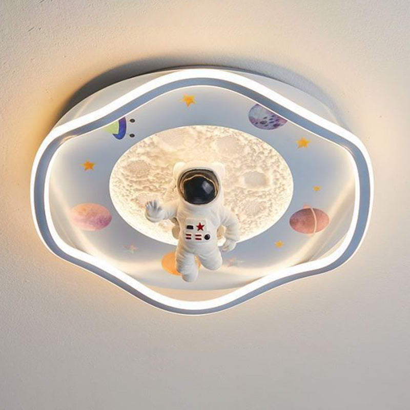 Modern Art Deco Kids Silicone Resin Iron Astronaut Planet-shaped Round LED Flush Mount Ceiling Light for Bedroom