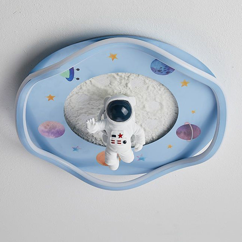 Modern Art Deco Kids Silicone Resin Iron Astronaut Planet-shaped Round LED Flush Mount Ceiling Light for Bedroom