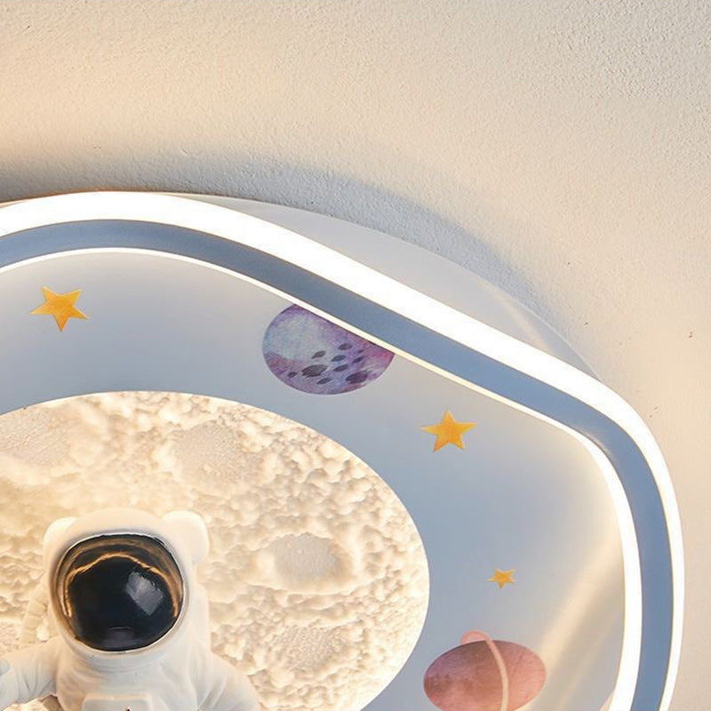 Modern Art Deco Kids Silicone Resin Iron Astronaut Planet-shaped Round LED Flush Mount Ceiling Light for Bedroom