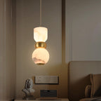 Contemporary Creative Brass Natural Stone Alabaster Flat Round LED Pendant Light For Bedroom