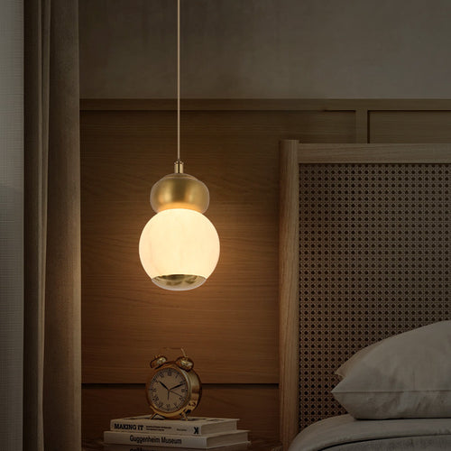 Contemporary Creative Brass Natural Stone Alabaster Flat Round LED Pendant Light For Bedroom