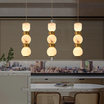 Contemporary Creative Brass Natural Stone Alabaster Flat Round LED Pendant Light For Bedroom