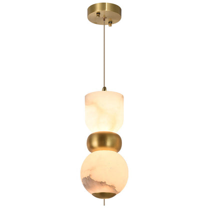 Contemporary Creative Brass Natural Stone Alabaster Flat Round LED Pendant Light For Bedroom