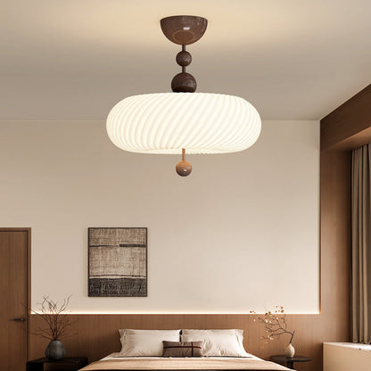 Traditional Chinese Iron Wood Pe Wavy Wrinkled Round LED Semi-flush Mount Ceiling Light for Living Room