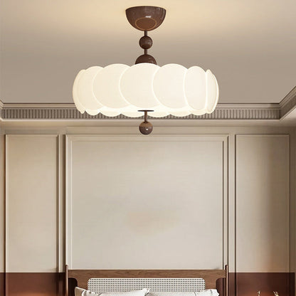Traditional Chinese Iron Wood Pe Wavy Wrinkled Round LED Semi-flush Mount Ceiling Light for Living Room