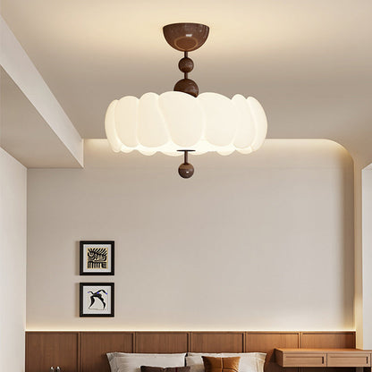 Traditional Chinese Iron Wood Pe Wavy Wrinkled Round LED Semi-flush Mount Ceiling Light for Living Room