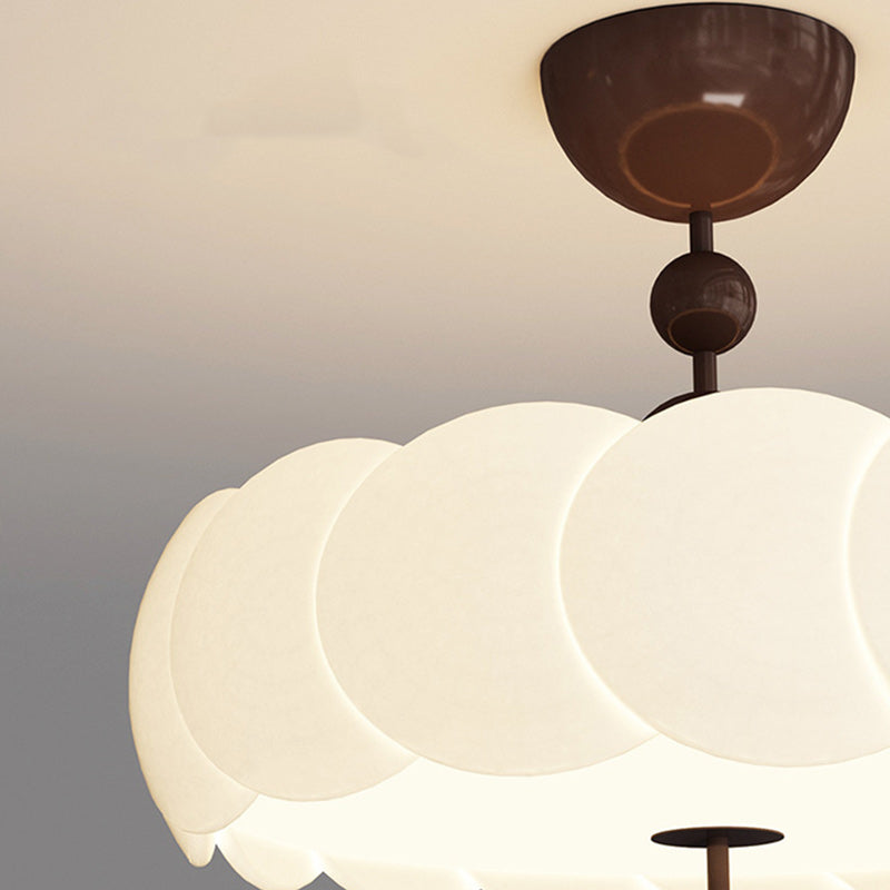 Traditional Chinese Iron Wood Pe Wavy Wrinkled Round LED Semi-flush Mount Ceiling Light for Living Room