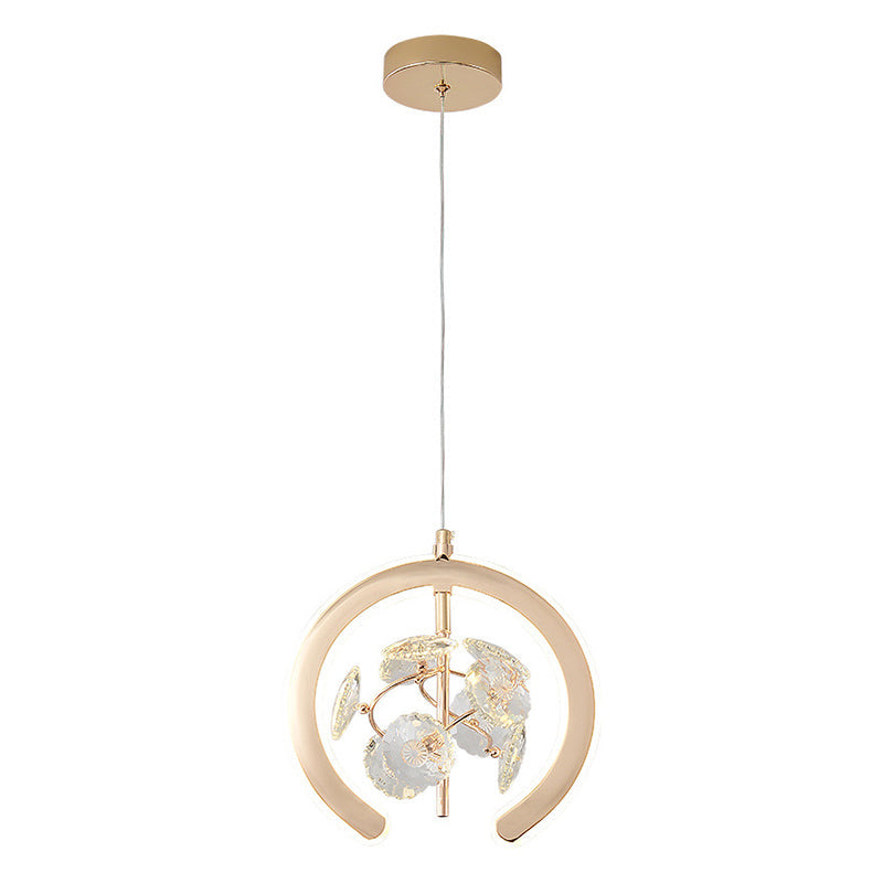 Contemporary Creative Crystal Iron Floral Round LED Pendant Light For Living Room