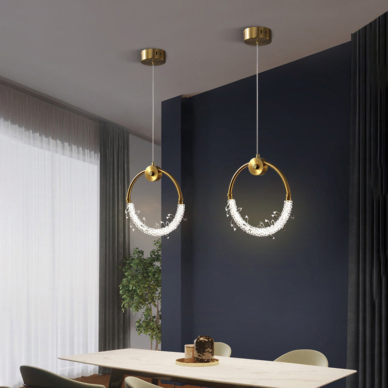 Contemporary Scandinavian Crystal Brass Ring Round LED Pendant Light For Living Room