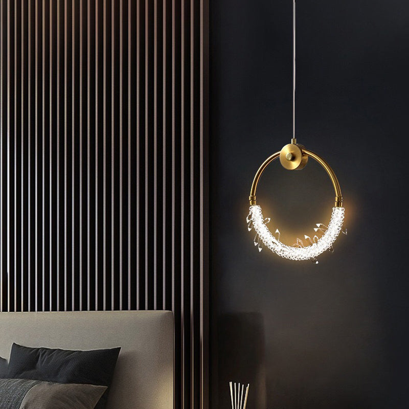 Contemporary Scandinavian Crystal Brass Ring Round LED Pendant Light For Living Room