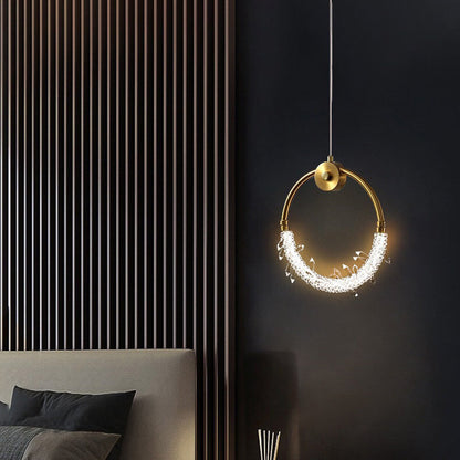 Contemporary Scandinavian Crystal Brass Ring Round LED Pendant Light For Living Room