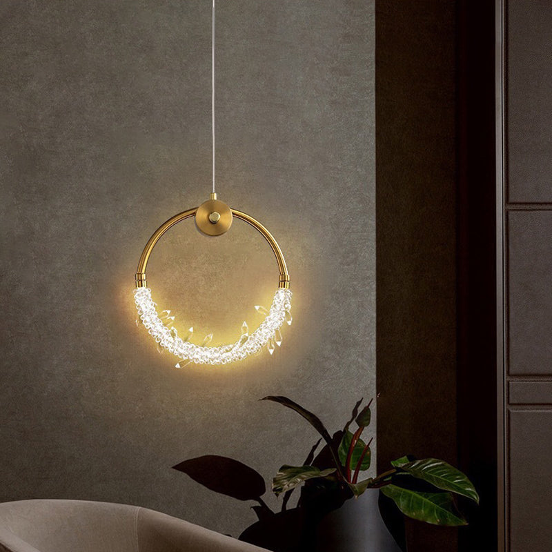 Contemporary Scandinavian Crystal Brass Ring Round LED Pendant Light For Living Room