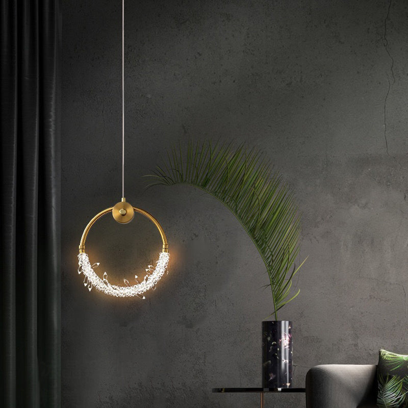 Contemporary Scandinavian Crystal Brass Ring Round LED Pendant Light For Living Room