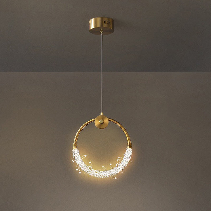 Contemporary Scandinavian Crystal Brass Ring Round LED Pendant Light For Living Room