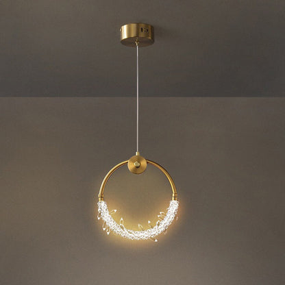 Contemporary Scandinavian Crystal Brass Ring Round LED Pendant Light For Living Room